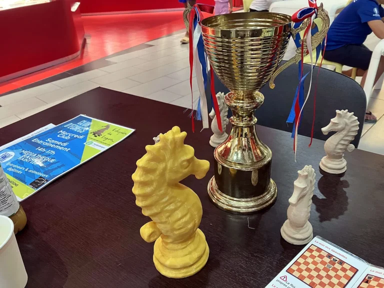 Coupe et cavalier hippocampe doré, mascotte du club